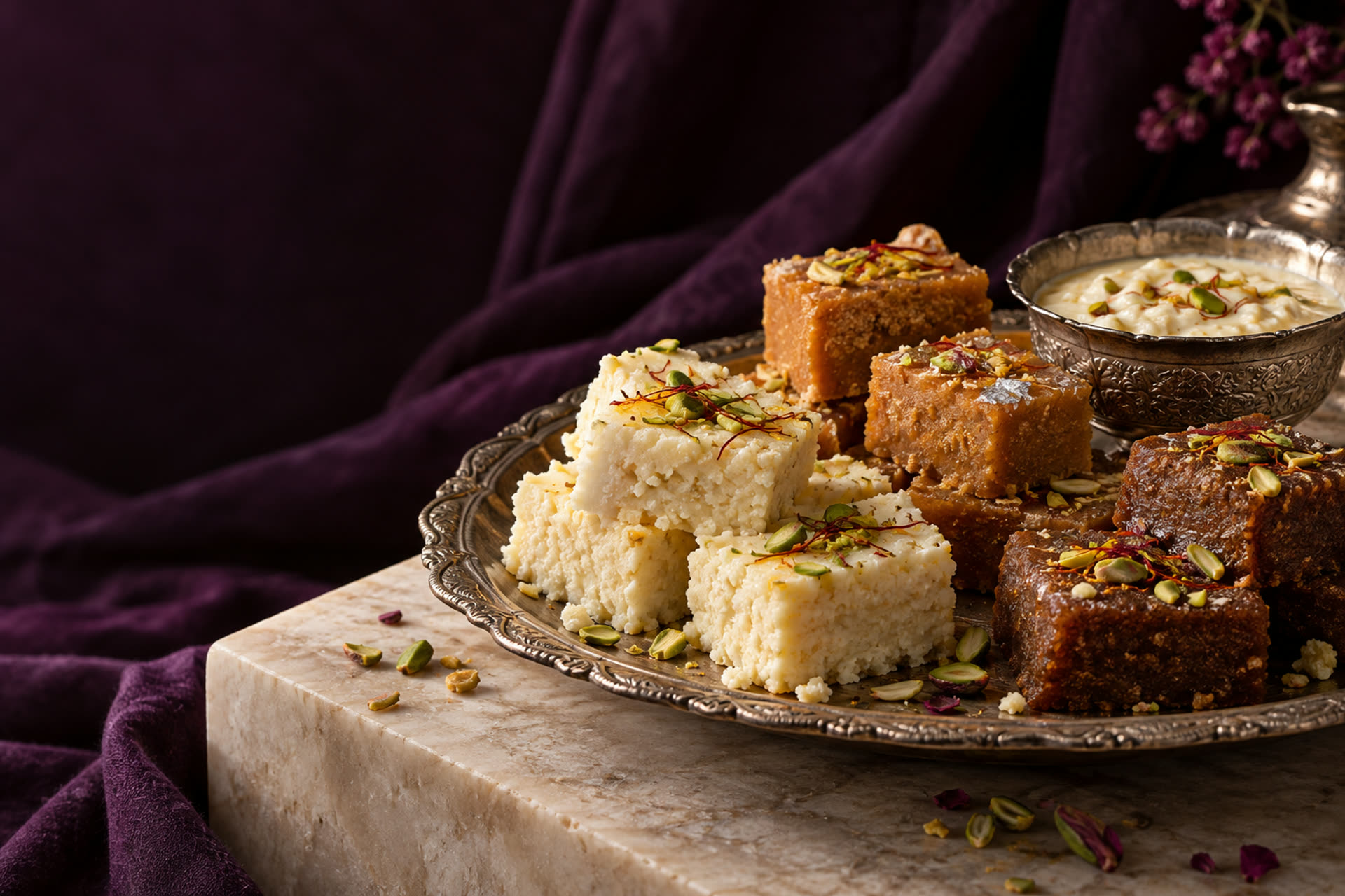 A silver platter of assorted Indian mithai with pistachios and saffron, styled on marble with plum fabric